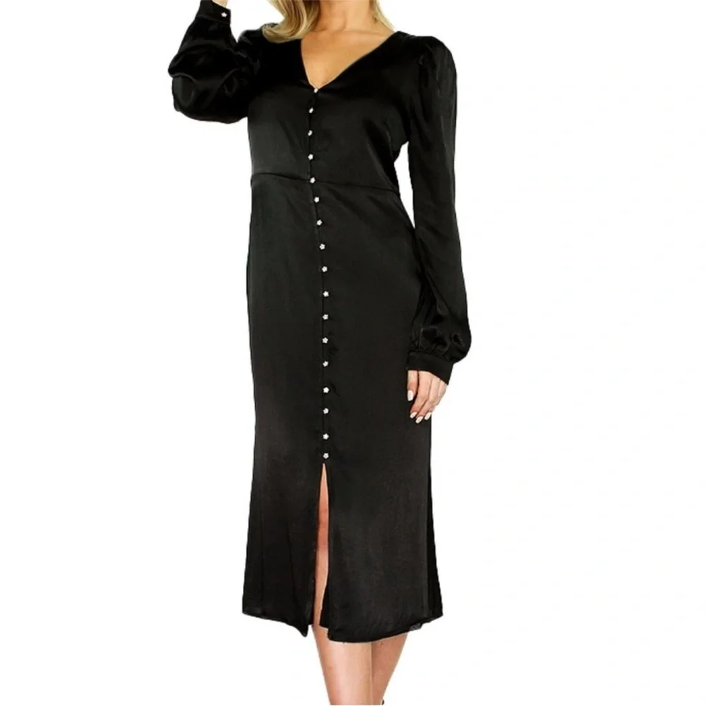NWT En Saison black satin midi dress rhinestone button front medium m